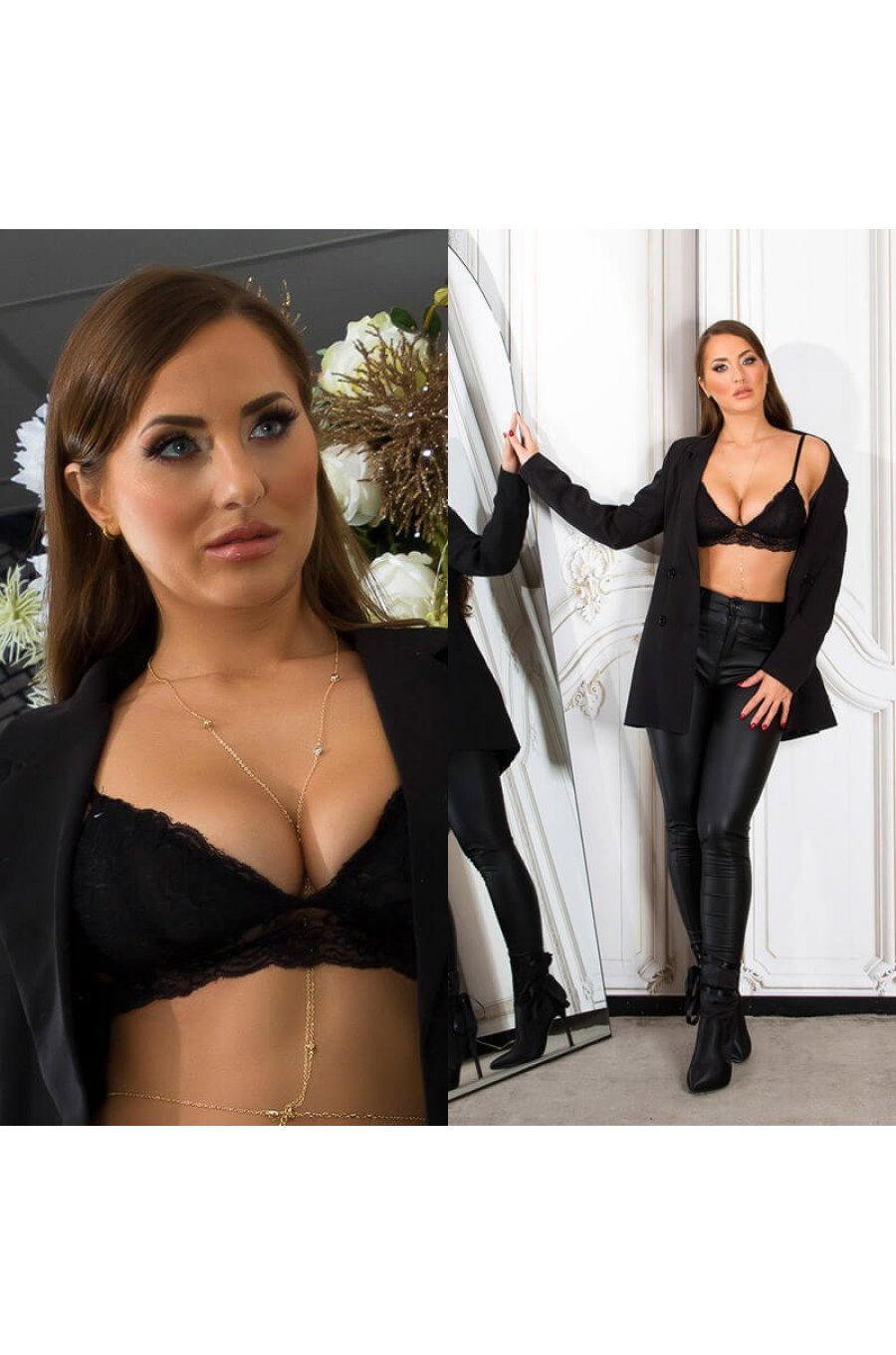 Sutien negru, triunghi, din dantela, cu bretele subtiri, Lelia 6 - jojofashion.ro