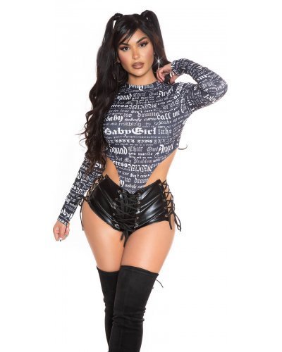 Body dama cu decupaj inalt tanga negru cu print alb Kendra Lenjerie intima, Body dama cu decupaj inalt tanga negru cu print alb Kendra - jojofashion.ro