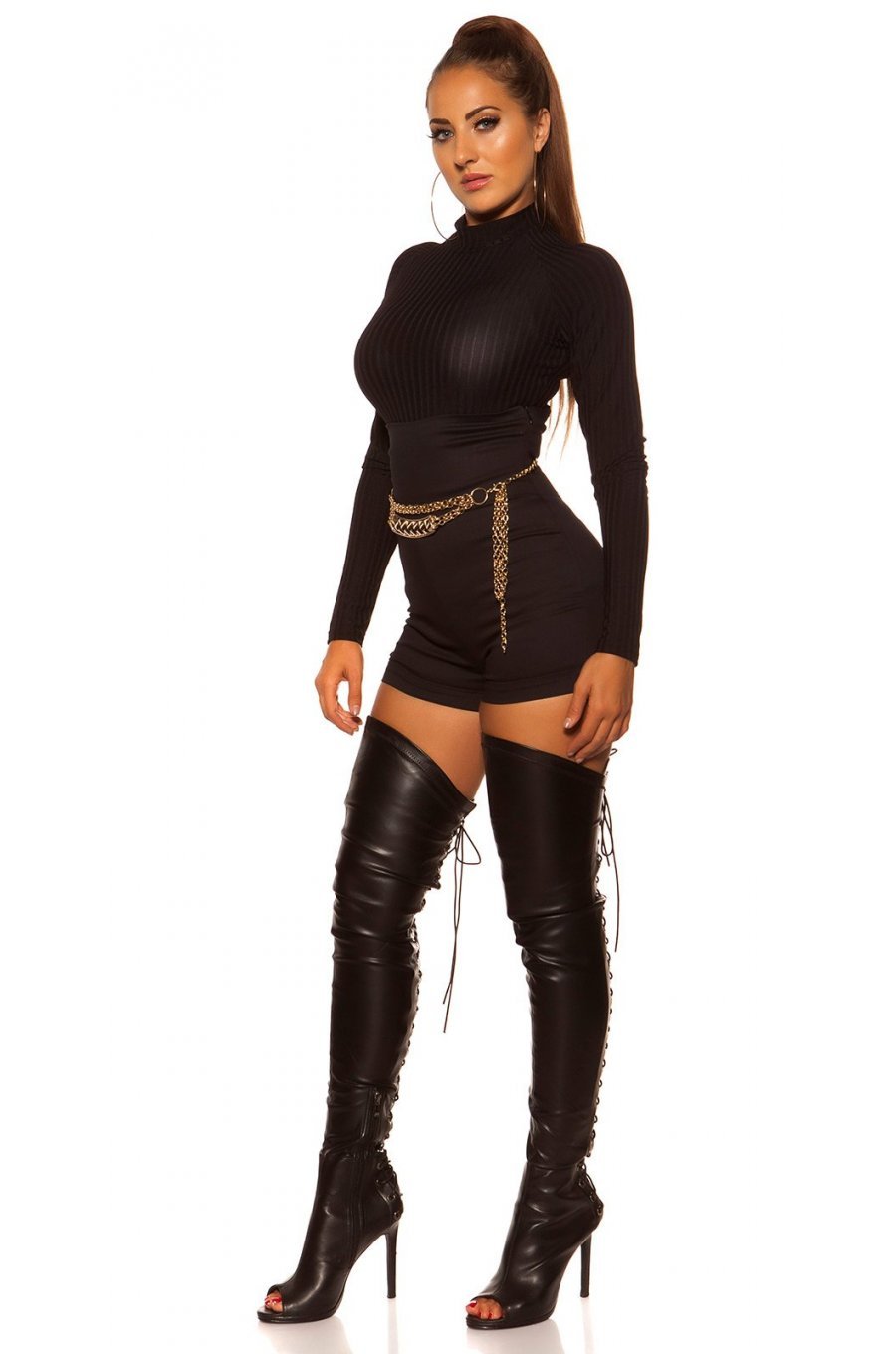Body dama vascoza neagra cu dungi verticale semitransparente Oxy 2 - jojofashion.ro