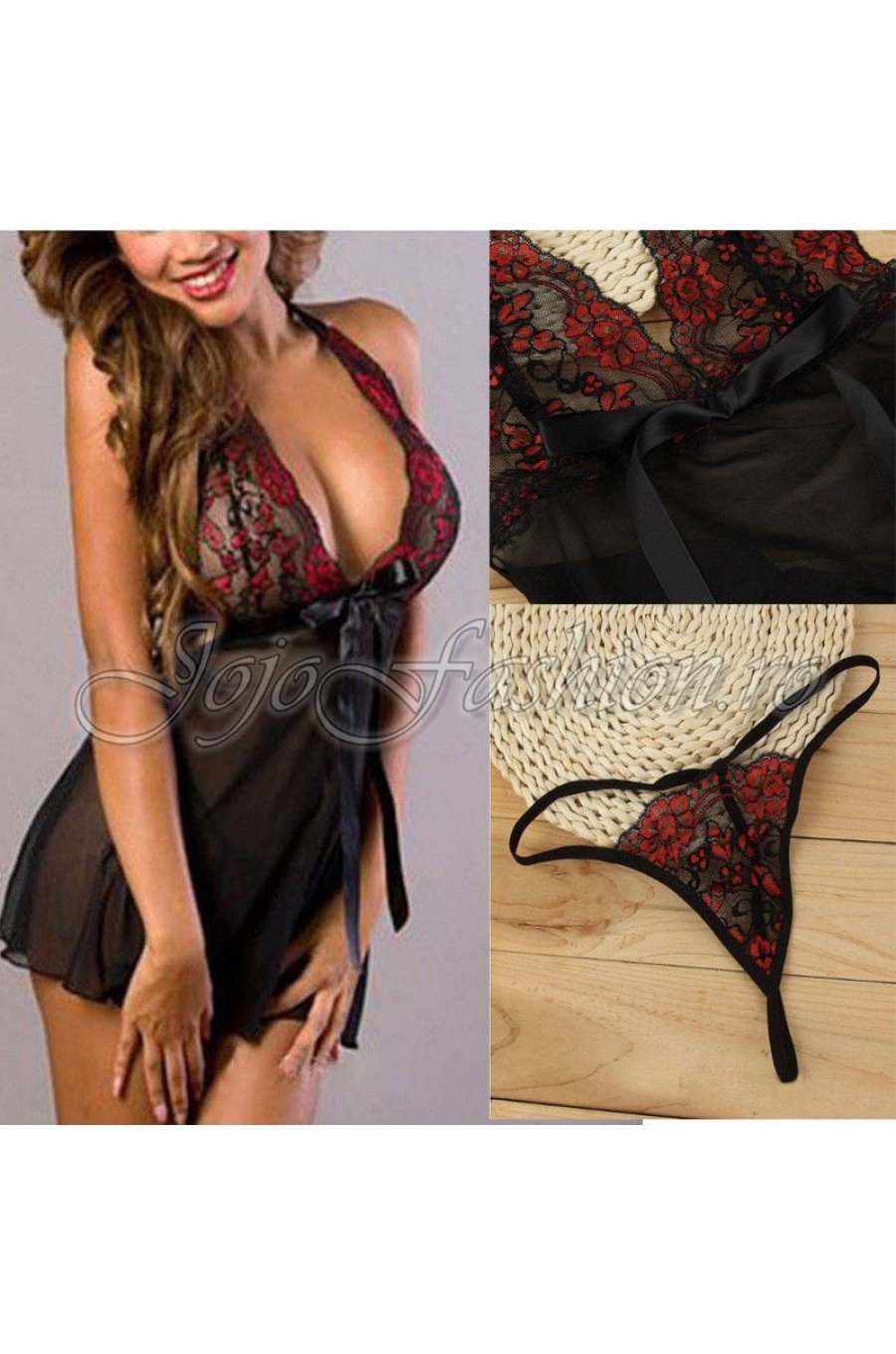 Neglijeu negru cu dantela rosie Aisha Neglijeu negru cu dantela rosie Aisha 2 - jojofashion.ro
