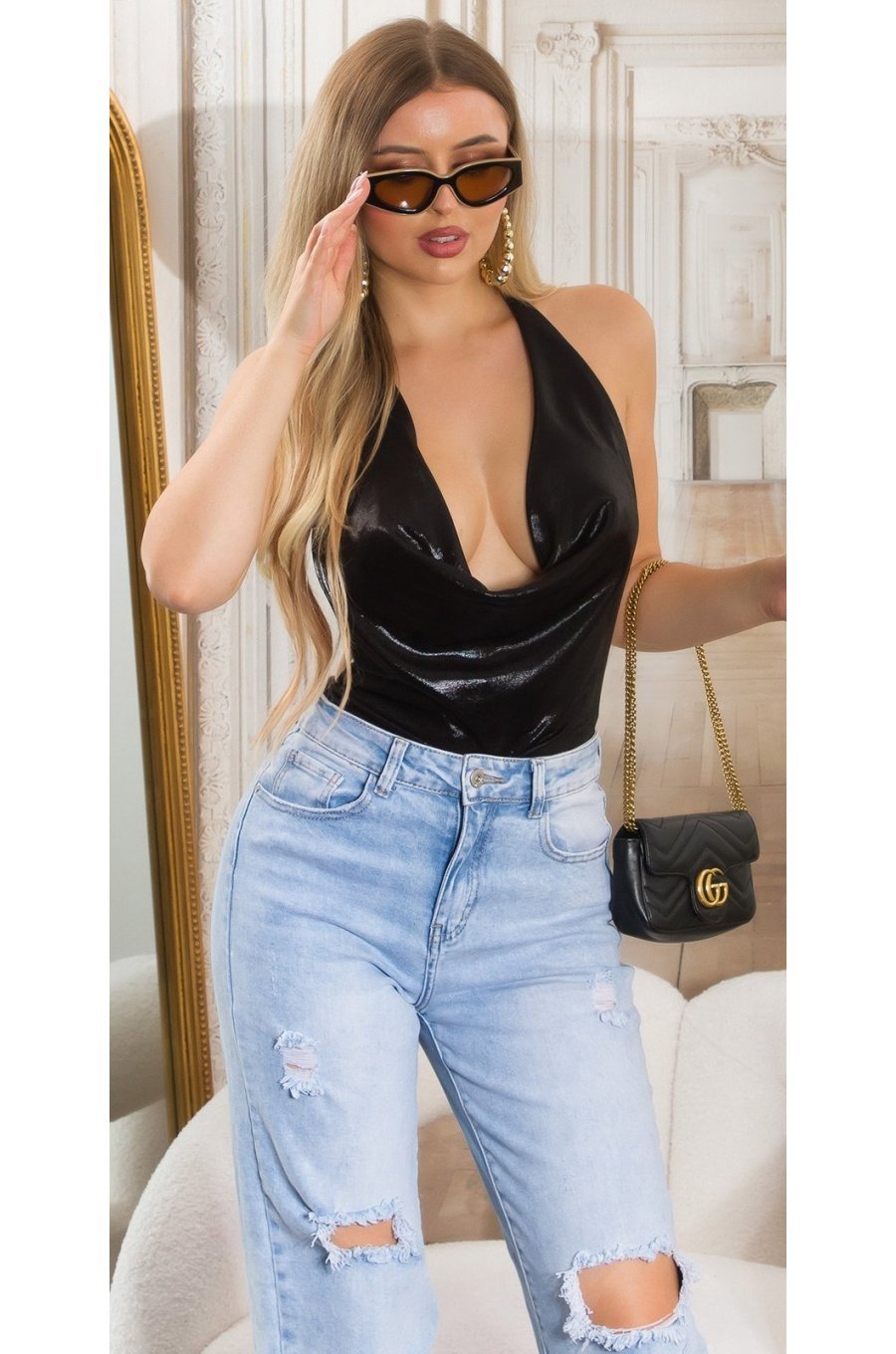 Body negru lucios, cu spatele gol, Shimmer 3 - jojofashion.ro