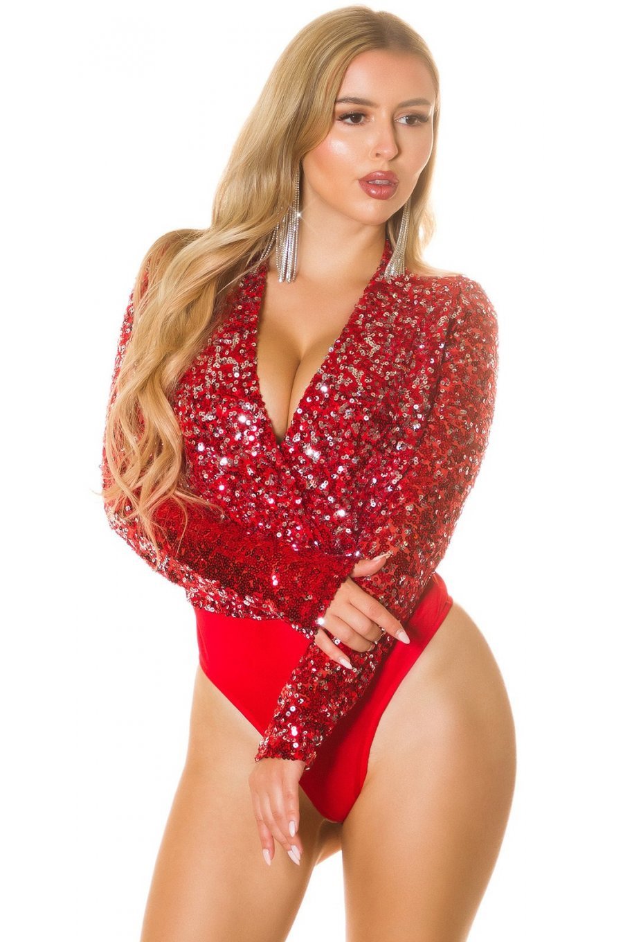 Body rosu cu paiete argintii petrecut cu maneca lunga Divina 1 - jojofashion.ro