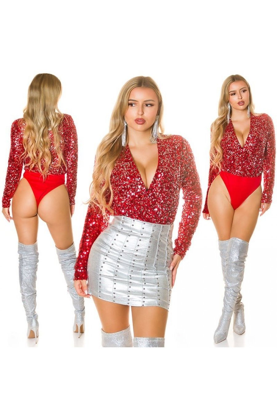 Body rosu cu paiete argintii petrecut cu maneca lunga Divina 5 - jojofashion.ro