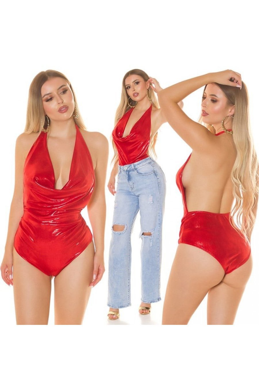 Body rosu lucios, cu spatele gol, Shimmer Body rosu lucios, cu spatele gol, Shimmer 5 - jojofashion.ro