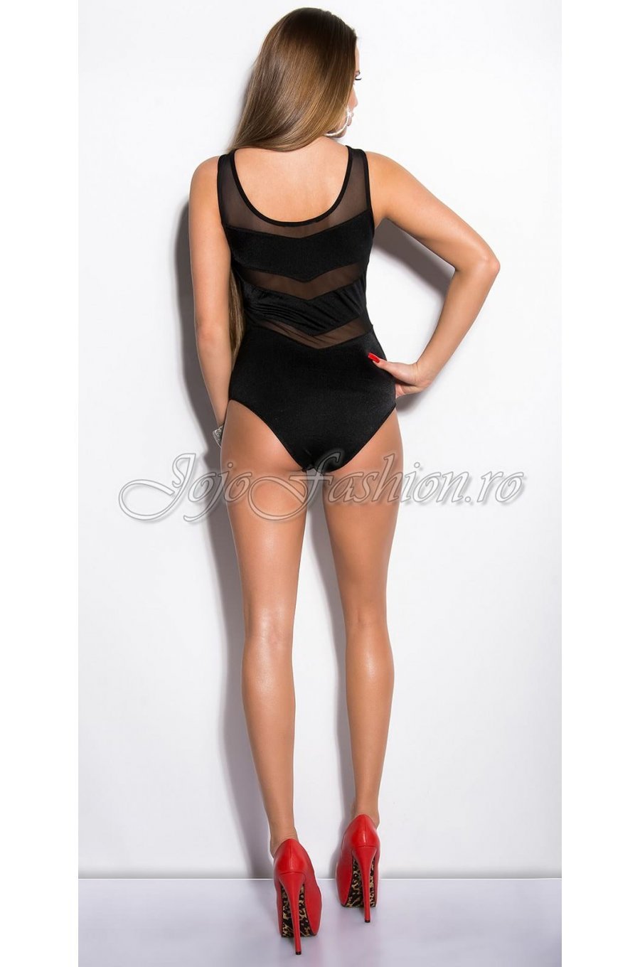 Body dama negru cu benzi transparente Loriana 3 - jojofashion.ro