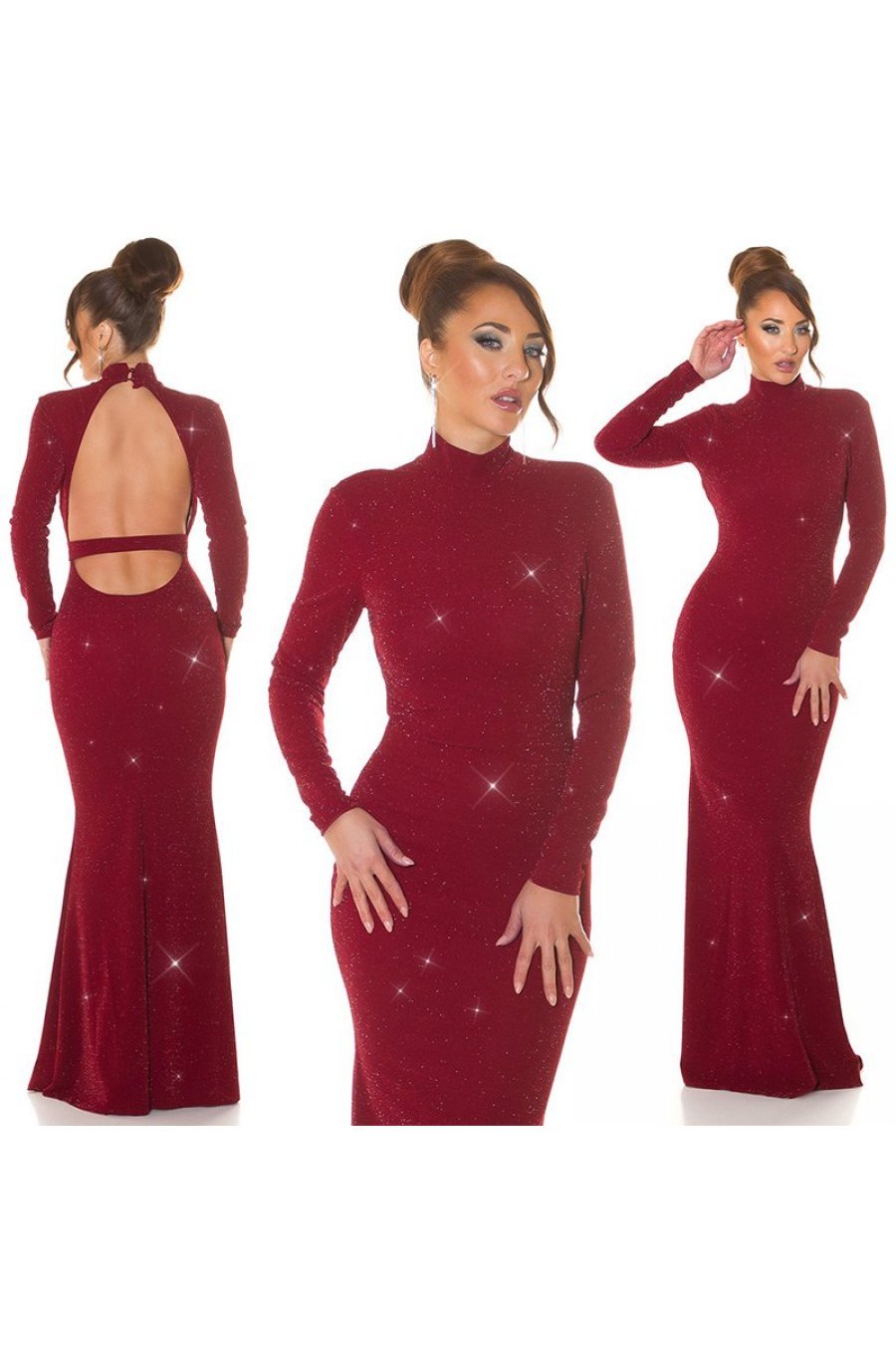 Rochie de seara lunga, din lurex, burgundy, mulata, cu maneca lunga,  Zerrin  5 - jojofashion.ro