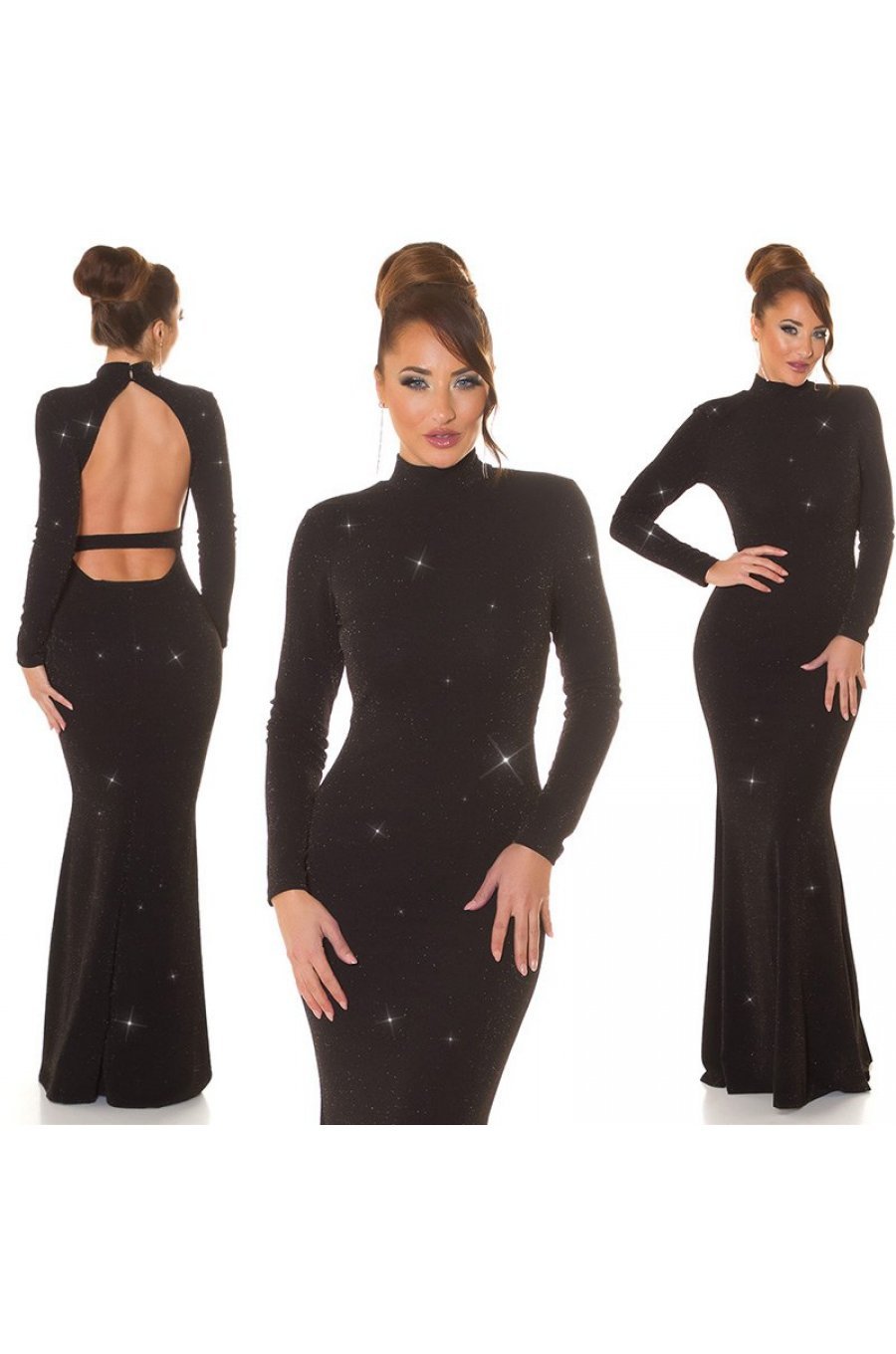 Rochie lunga, din lurex, neagra, mulata, cu maneca lunga, Zerrin  2 - jojofashion.ro