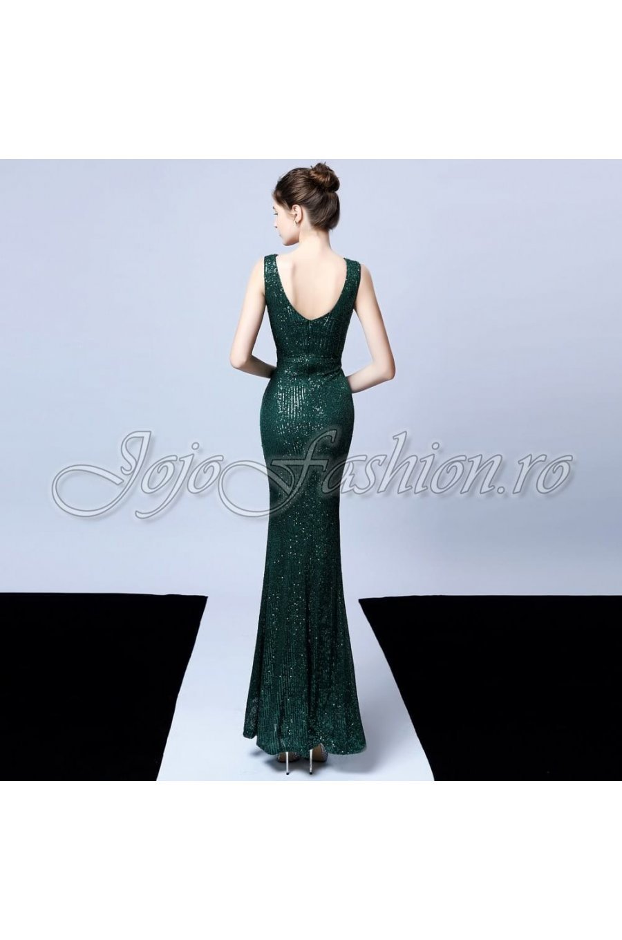 Rochie de seara eleganta lunga, din paiete, verde, mulata, Amelie  3 - jojofashion.ro