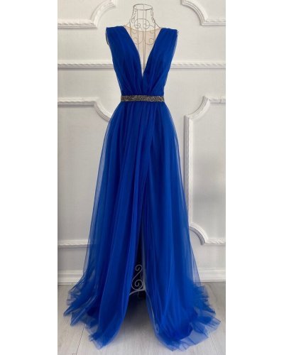 Rochie de seara eleganta lunga din tul albastru electric Adele Rochii lungi, Rochie de seara eleganta lunga din tul albastru electric Adele - jojofashion.ro
