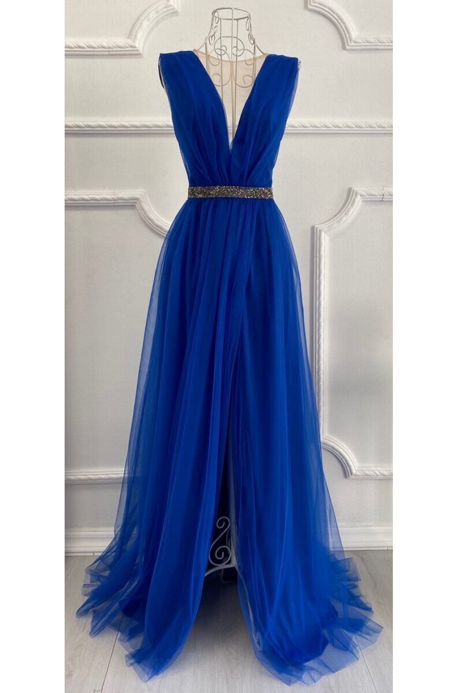 Rochie de seara eleganta lunga din tul albastru electric Adele 1 - jojofashion.ro