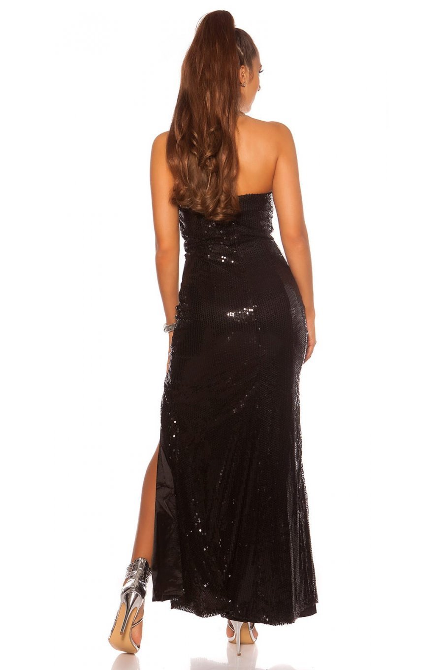 Rochie lunga neagra mulata din paiete cu umerii goi Rodia 3 - jojofashion.ro