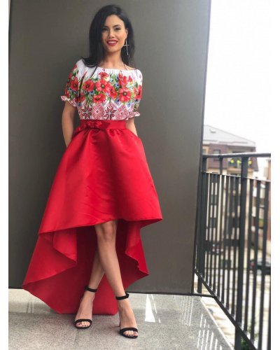 Rochie traditionala asimetrica cu tafta rosie si trena Allana Rochie traditionala asimetrica cu tafta rosie si trena Allana - jojofashion.ro
