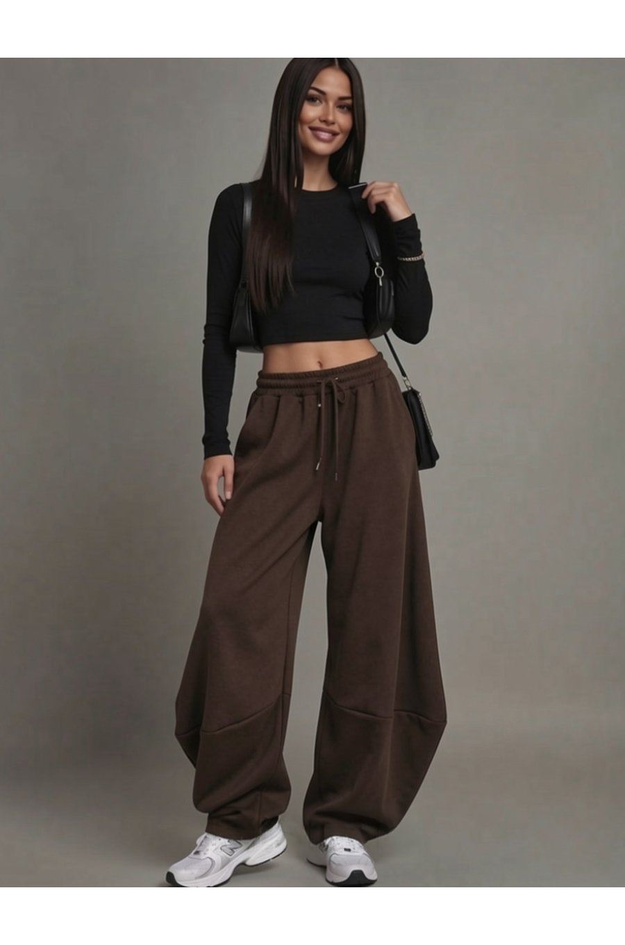 Pantaloni trening de dama balloon maro oversize Moon 1 - jojofashion.ro