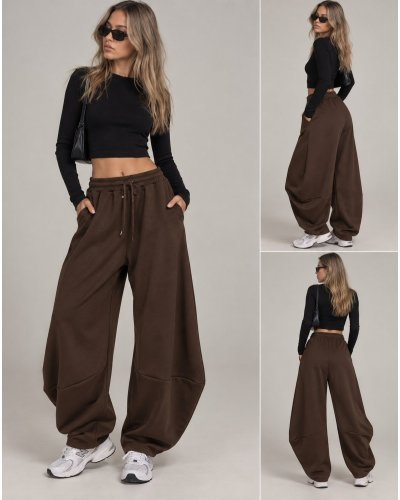 Pantaloni dama, Pantaloni trening de dama balloon maro oversize Moon - jojofashion.ro