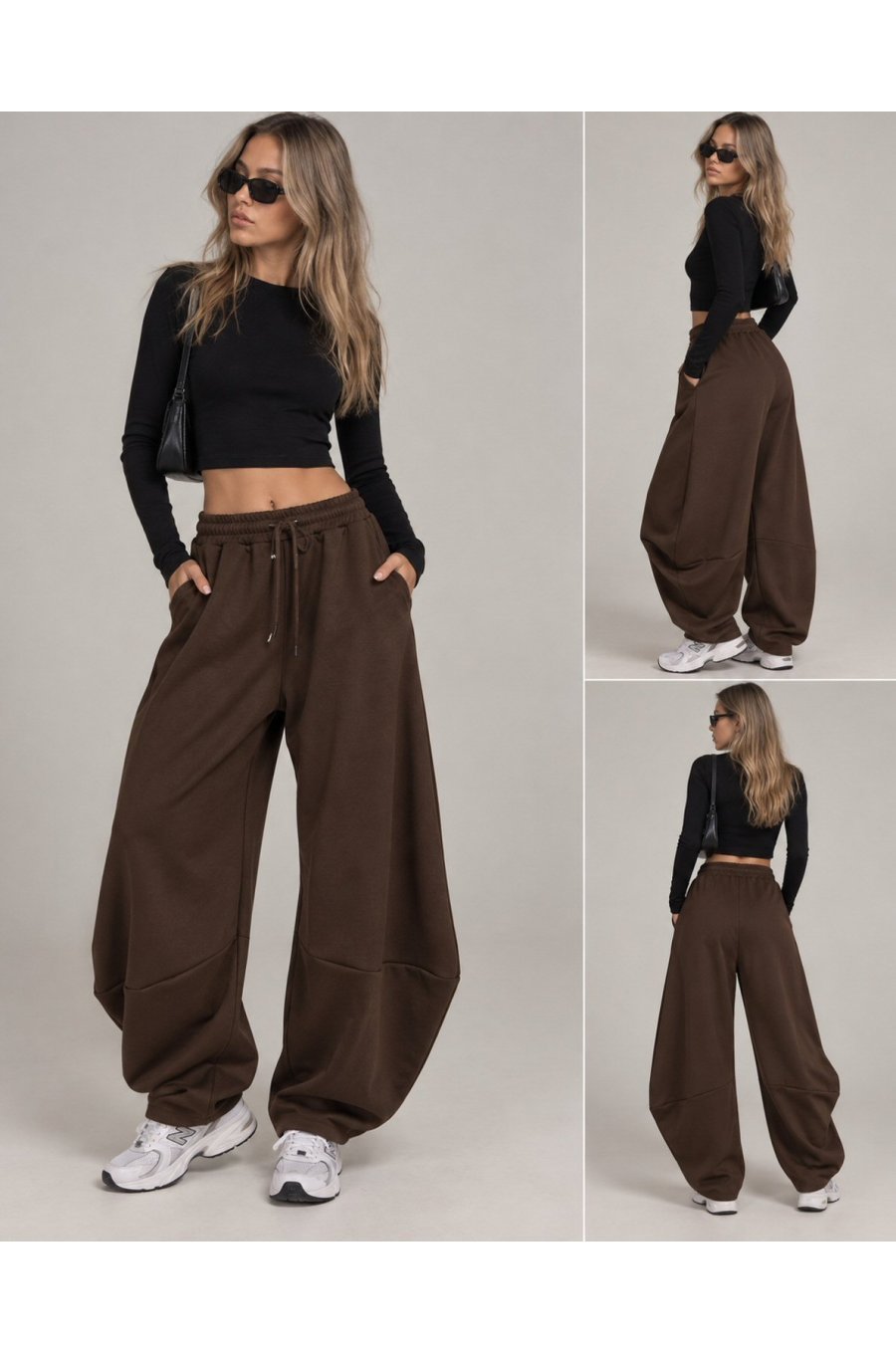Pantaloni trening de dama balloon maro oversize Moon 2 - jojofashion.ro