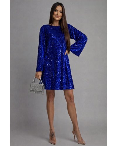 Rochie catifea albastra cu paiete scurta croi A cu fundița la spate si maneca lunga Glossy - jojofashion.ro