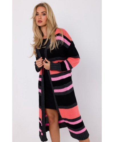 Cardigan dama midi, din acryl, negru cu dungi corai, Fatime Cardigan dama midi, din acryl, negru cu dungi corai, Fatime - jojofashion.ro