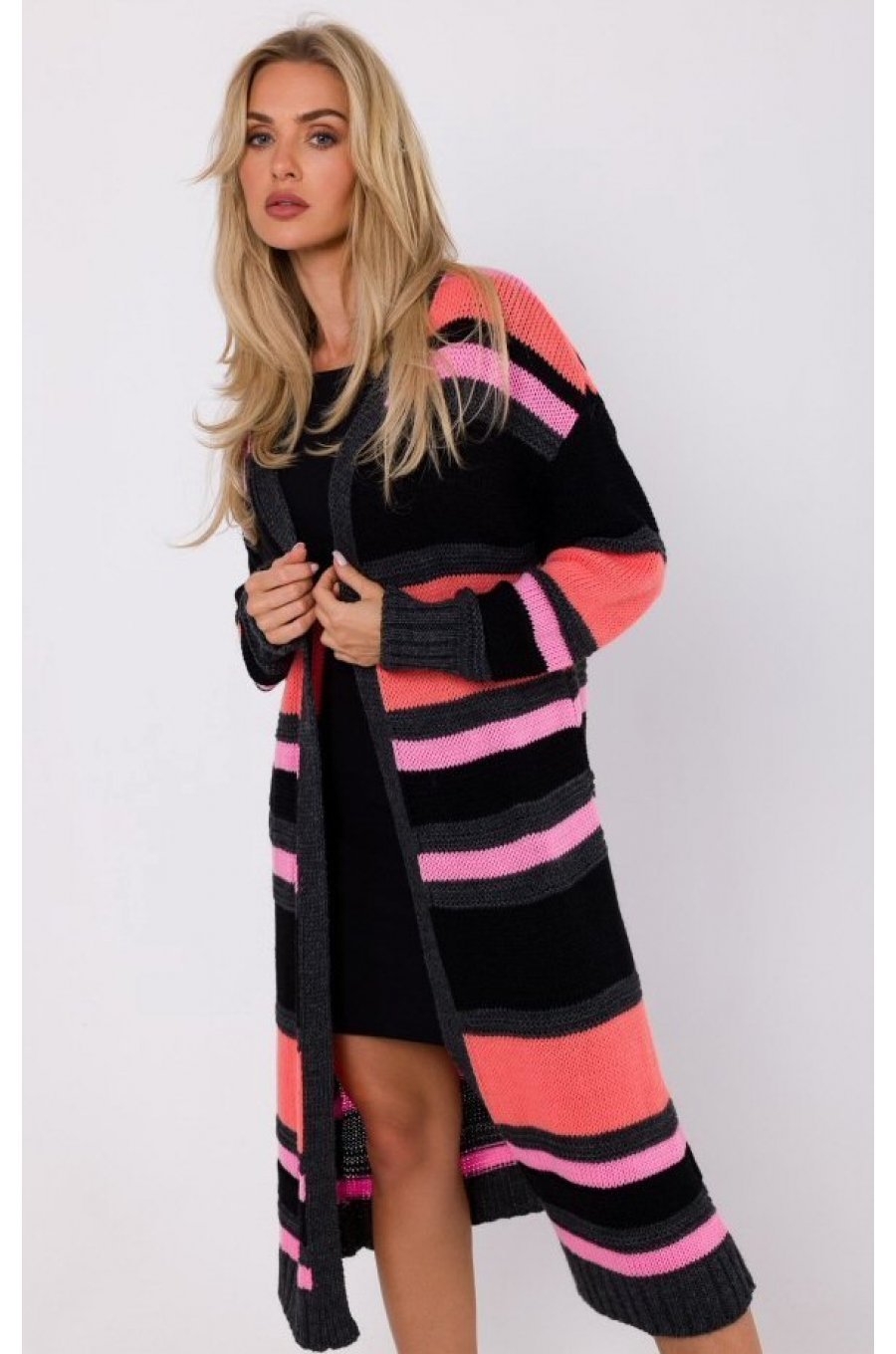 Cardigan dama midi, din acryl, negru cu dungi corai, Fatime 1 - jojofashion.ro