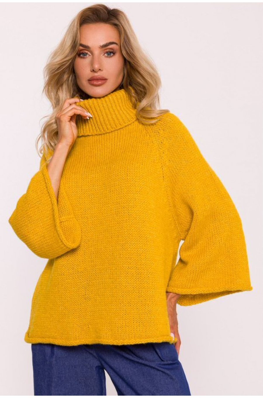 Pulover dama galben mustar, oversize,  turtleneck, cu maneca larga, Haudrey 1 - jojofashion.ro