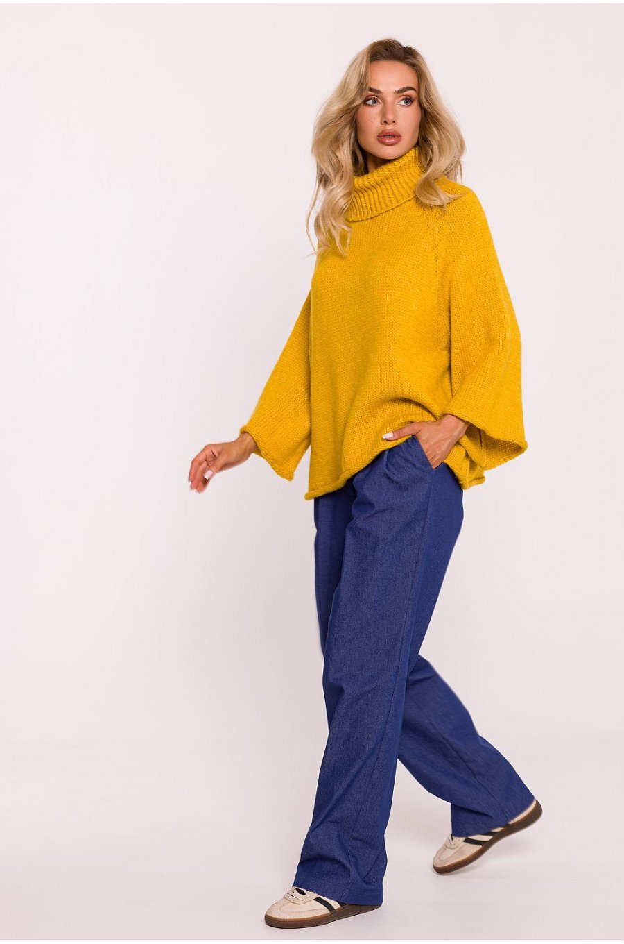 Pulover dama galben mustar, oversize,  turtleneck, cu maneca larga, Haudrey 3 - jojofashion.ro