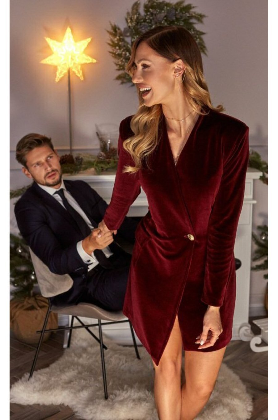 Rochie scurta din catifea burgundy tip blazer Janinne 4 - jojofashion.ro
