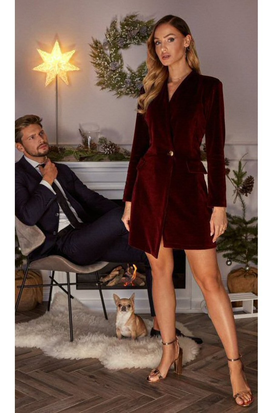 Rochie scurta din catifea burgundy tip blazer Janinne 1 - jojofashion.ro