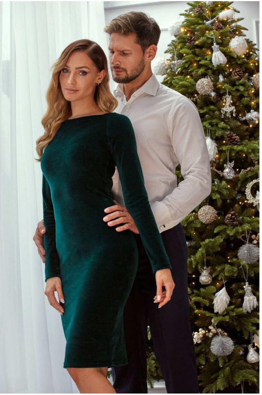 Rochie eleganta midi, catifea, verde, mulata, cu maneca lunga, tip creion, Iris 3 - jojofashion.ro