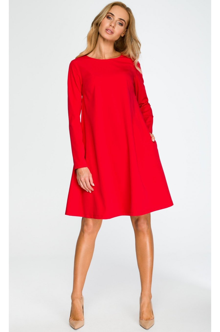 Rochie rosie midi evazata cu maneca lunga Aryena Rochie rosie midi evazata cu maneca lunga Aryena 1 - jojofashion.ro