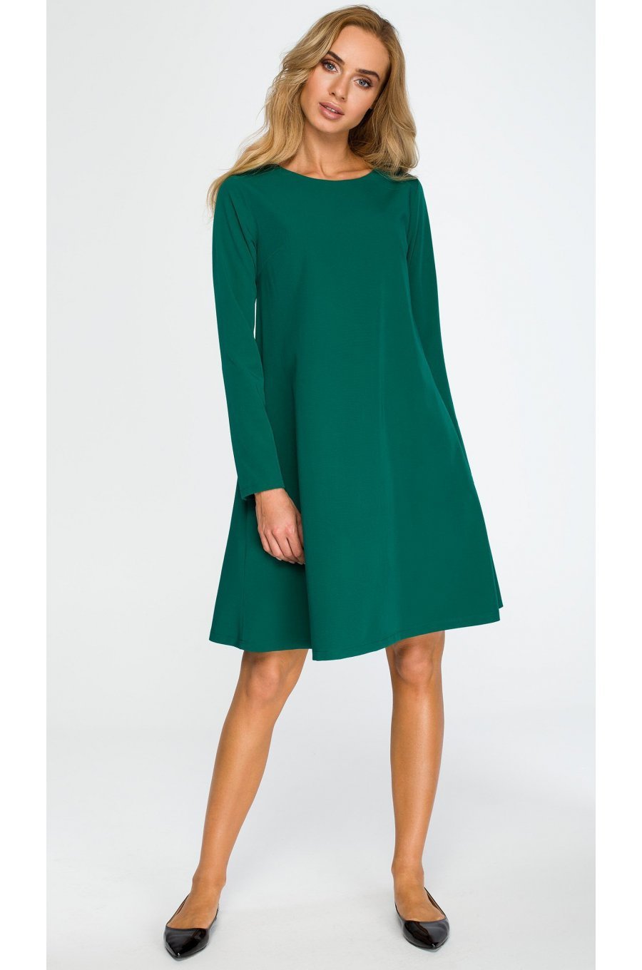 Rochie de zi midi verde, trapezoidala, cu maneca lunga, Aryena 1 - jojofashion.ro