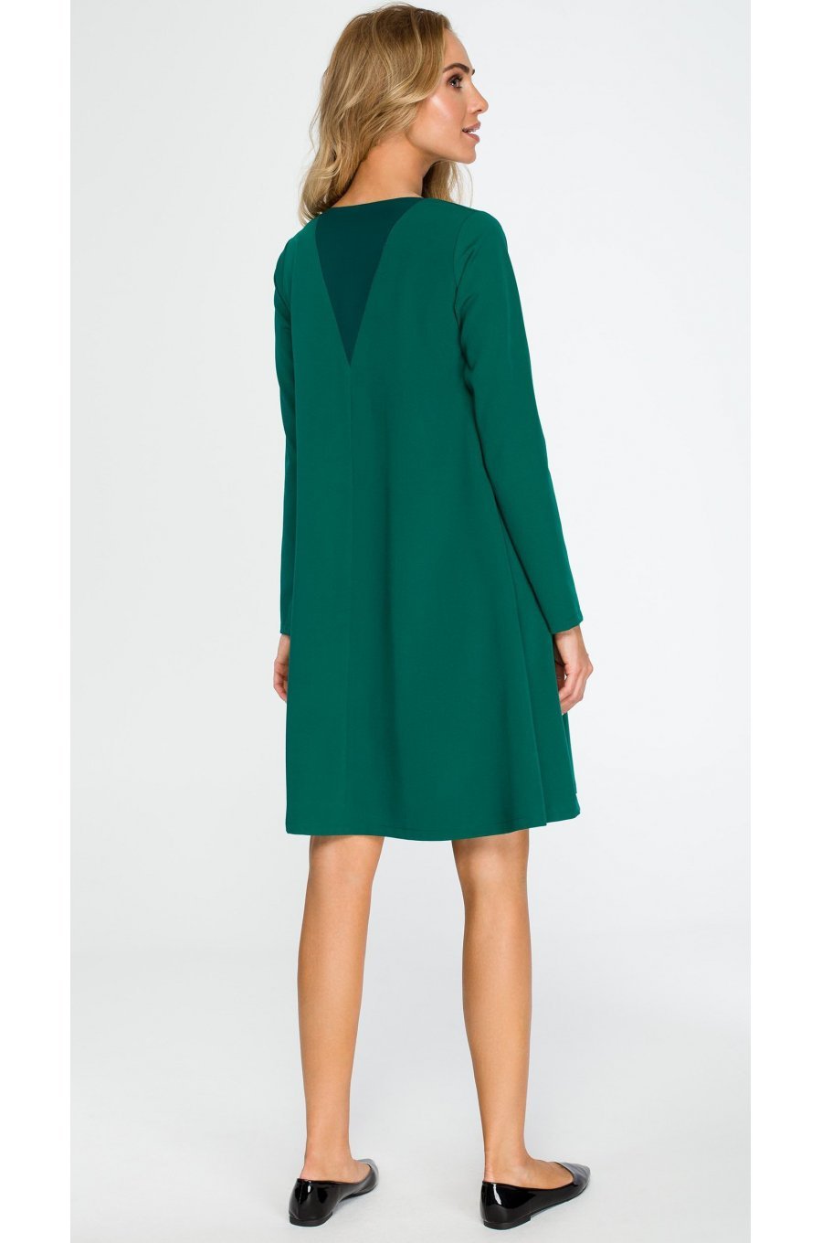 Rochie de zi midi verde, trapezoidala, cu maneca lunga, Aryena 2 - jojofashion.ro