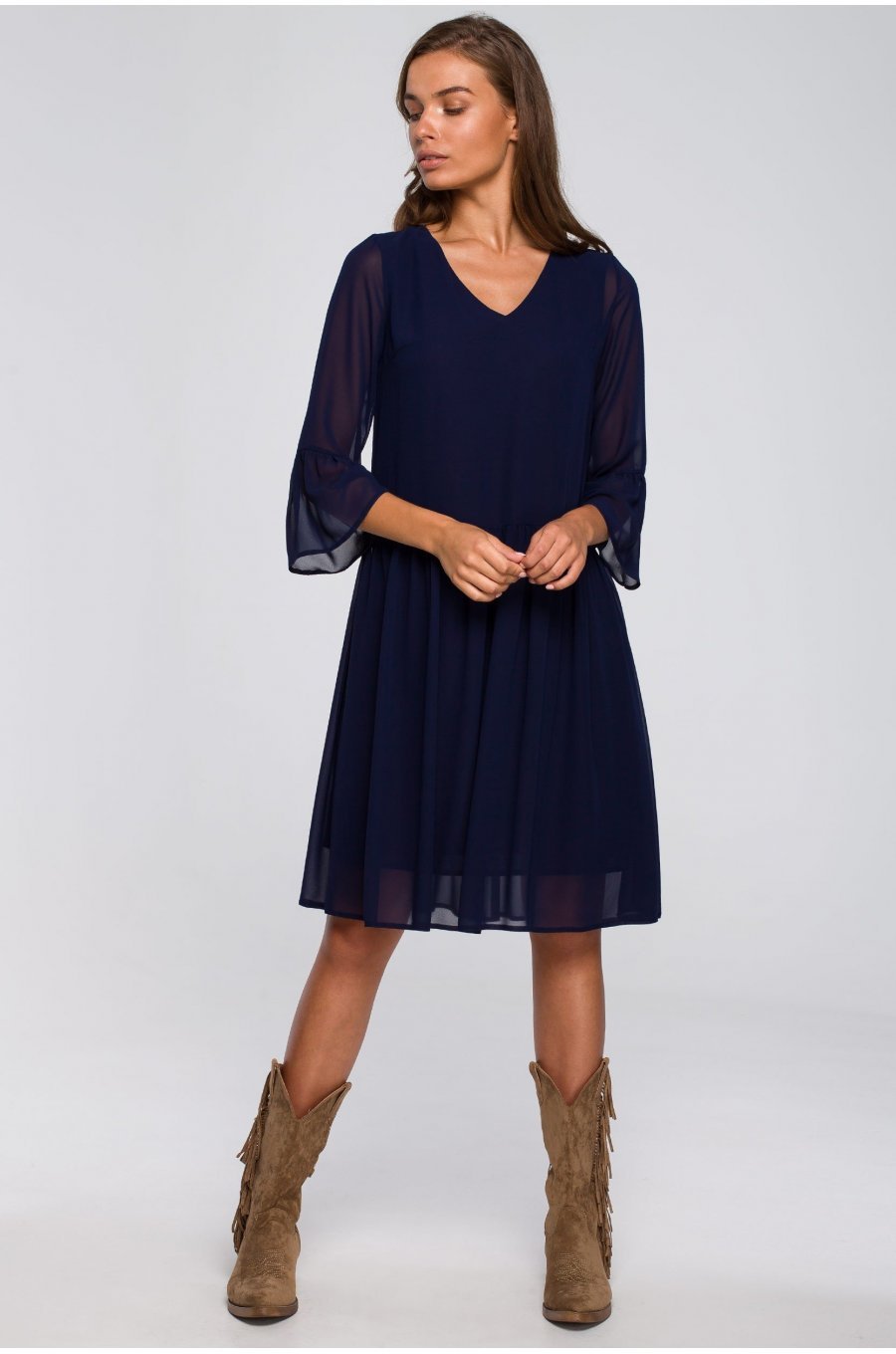 Rochie midi din chiffon bleumarin vaporoasa Rocio 1 - jojofashion.ro