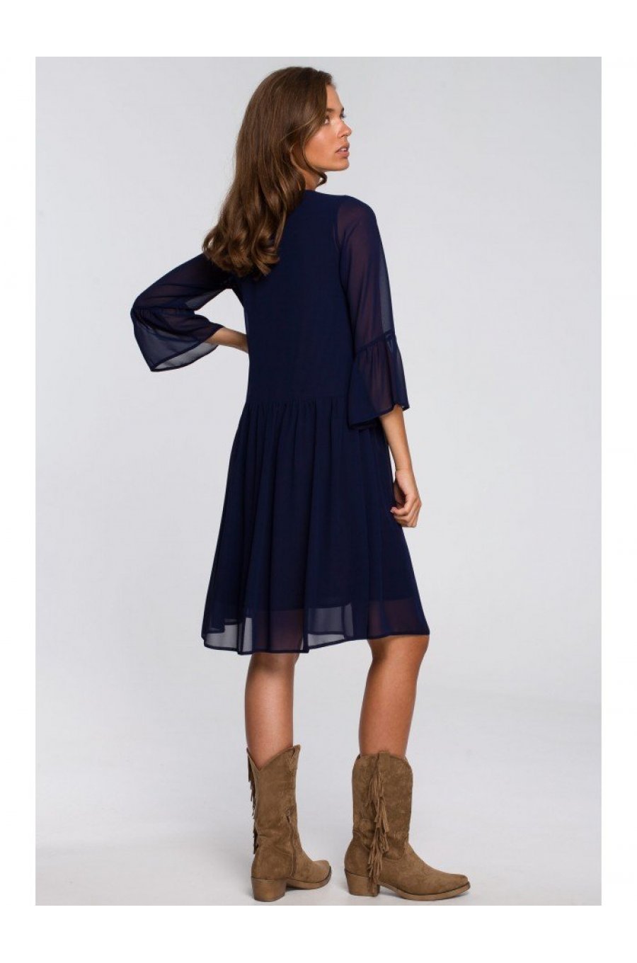 Rochie midi din chiffon bleumarin vaporoasa Rocio 2 - jojofashion.ro