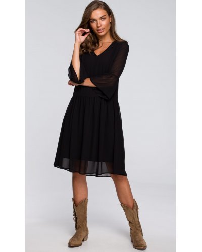 Rochie neagra din chiffon vaporoasa Rocio Rochii de zi, Rochie neagra din chiffon vaporoasa Rocio - jojofashion.ro