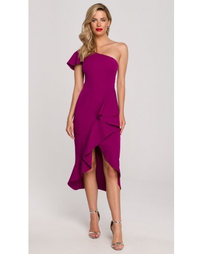 Rochie eleganta midi, roz magenta, cu volane si un umar gol, Spanish Rochii de nasa, Rochie eleganta midi, roz magenta, cu volane si un umar gol, Spanish - jojofashion.ro