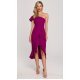 Rochie eleganta midi, roz magenta, cu volane si un umar gol, Spanish 2 - jojofashion.ro