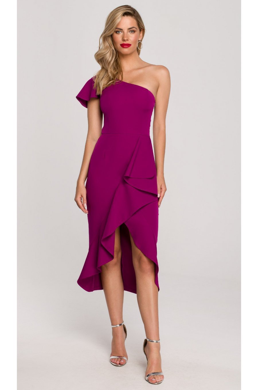 Rochie eleganta midi, roz magenta, cu volane si un umar gol, Spanish 1 - jojofashion.ro