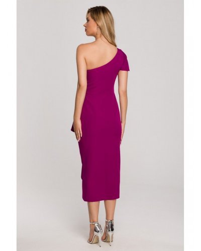 Rochie eleganta midi, roz magenta, cu volane si un umar gol, Spanish Rochii de nasa, Rochie eleganta midi, roz magenta, cu volane si un umar gol, Spanish - jojofashion.ro