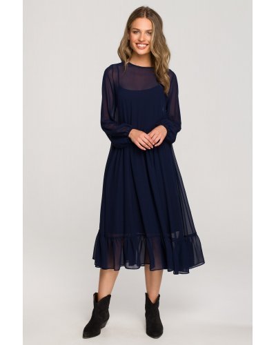 Rochie midi din chiffon bleumarin, cu maneca lunga si volan, Naira Rochie midi din chiffon bleumarin, cu maneca lunga si volan, Naira - jojofashion.ro