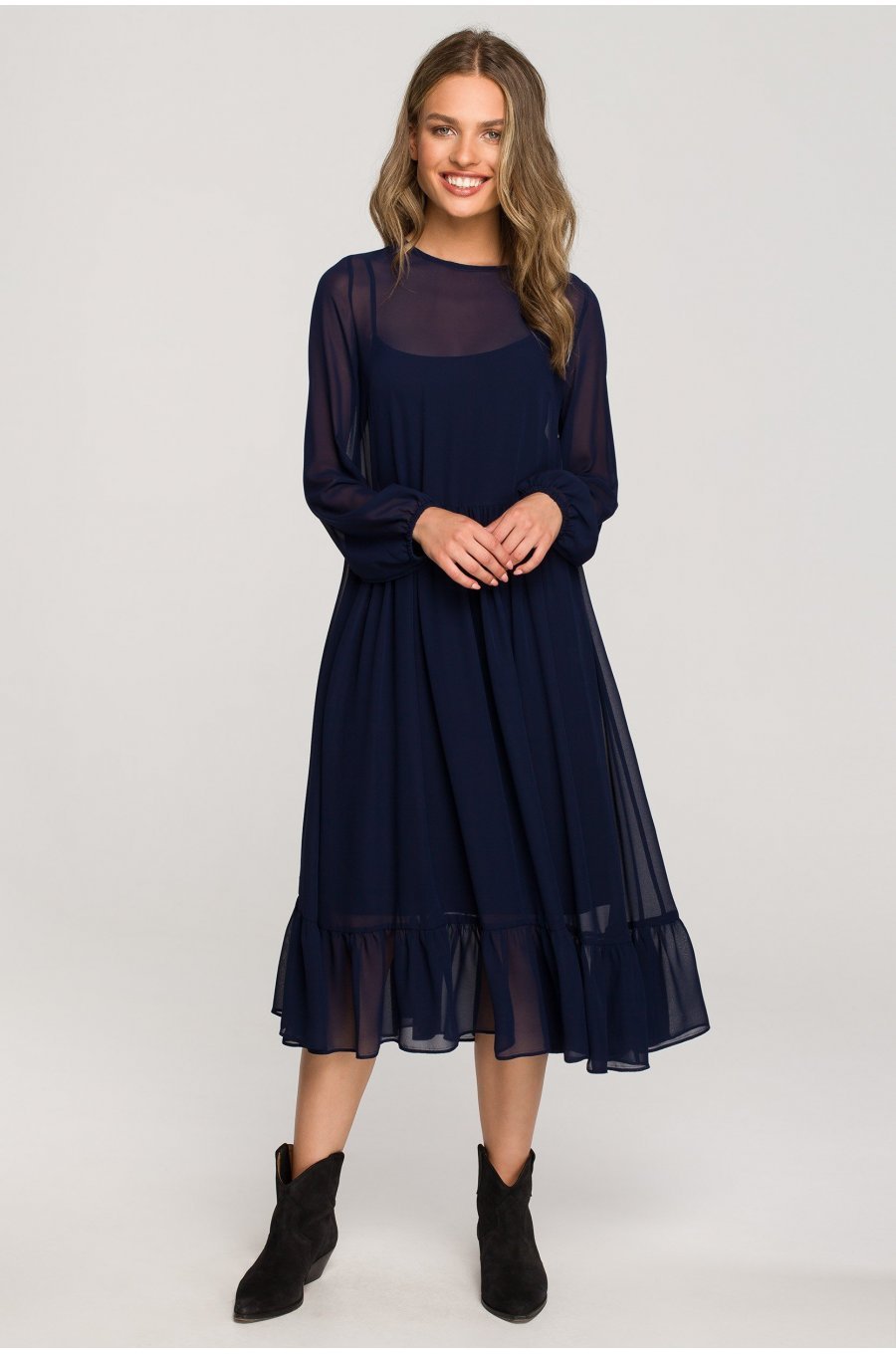 Rochie midi din chiffon bleumarin, cu maneca lunga si volan, Naira 1 - jojofashion.ro