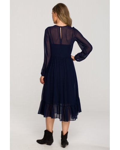 Rochie midi din chiffon bleumarin, cu maneca lunga si volan, Naira Rochii bleumarin, Rochie midi din chiffon bleumarin, cu maneca lunga si volan, Naira - jojofashion.ro