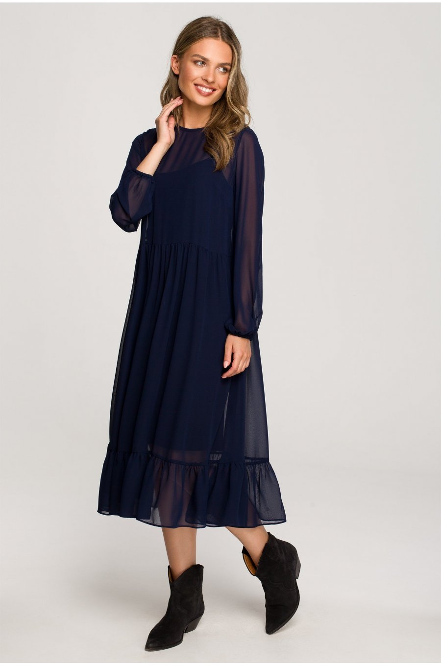Rochie midi din chiffon bleumarin, cu maneca lunga si volan, Naira 3 - jojofashion.ro