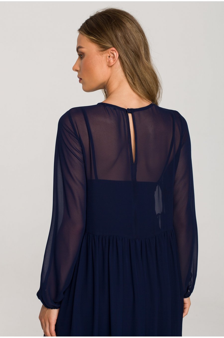 Rochie midi din chiffon bleumarin, cu maneca lunga si volan, Naira 4 - jojofashion.ro