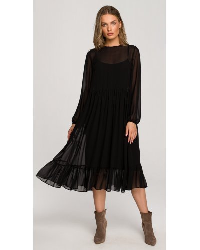 Rochie midi din chiffon, neagra, cu maneca lunga si volan, Naira Rochie midi din chiffon, neagra, cu maneca lunga si volan, Naira - jojofashion.ro