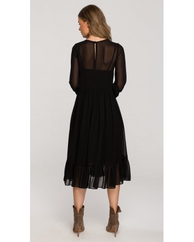 Rochie midi din chiffon, neagra, cu maneca lunga si volan, Naira Rochii midi, Rochie midi din chiffon, neagra, cu maneca lunga si volan, Naira - jojofashion.ro