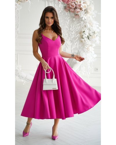 Rochie midi roz fucsia vaporoasa cu umerii goi Fabiola Rochii midi, Rochie midi roz fucsia vaporoasa cu umerii goi Fabiola - jojofashion.ro