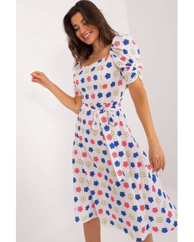 Rochie midi, alba cu floricele, in clos, cu maneca trei sferturi, Arissa2 Rochii de zi, Rochie midi, alba cu floricele, in clos, cu maneca trei sferturi, Arissa2 - jojofashion.ro