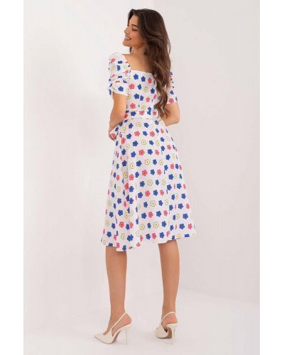 Rochie midi, alba cu floricele, in clos, cu maneca trei sferturi, Arissa2 Rochii de zi, Rochie midi, alba cu floricele, in clos, cu maneca trei sferturi, Arissa2 - jojofashion.ro