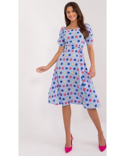 Rochie midi, bleu cu floricele, in clos, cu maneca trei sferturi, Arissa1 Rochii de zi, Rochie midi, bleu cu floricele, in clos, cu maneca trei sferturi, Arissa1 - jojofashion.ro