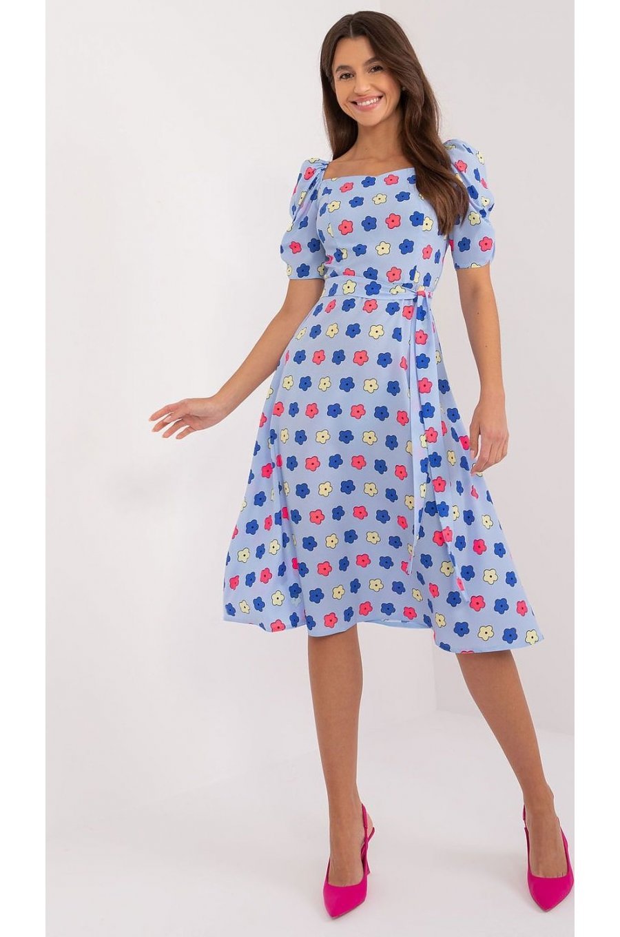 Rochie midi, bleu cu floricele, in clos, cu maneca trei sferturi, Arissa1 1 - jojofashion.ro