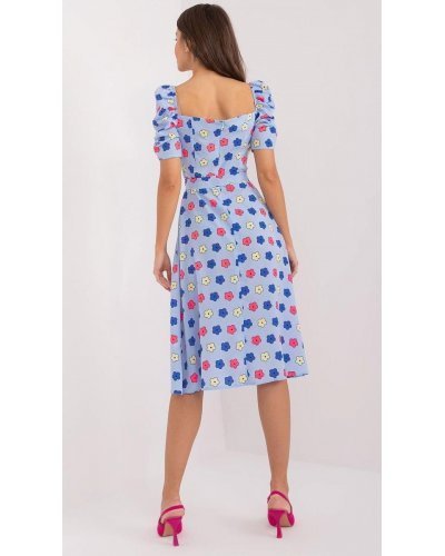 Rochie midi, bleu cu floricele, in clos, cu maneca trei sferturi, Arissa1 Rochii de zi, Rochie midi, bleu cu floricele, in clos, cu maneca trei sferturi, Arissa1 - jojofashion.ro